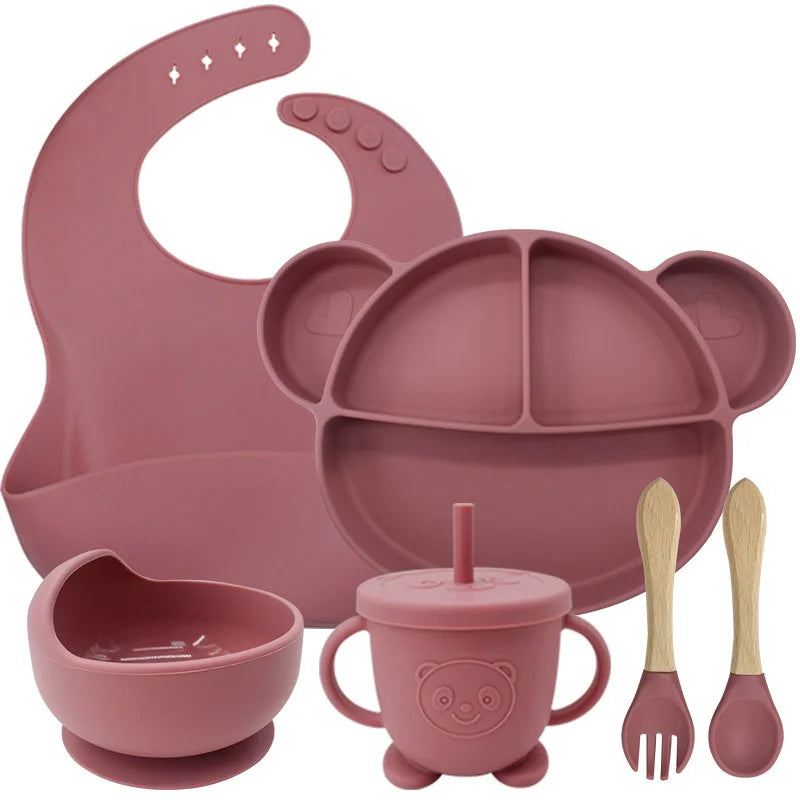 6-Piece Set Dark pink Mickey Mouse Silicone Bibs and Baby Feeding Set