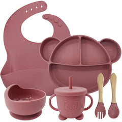 6-Piece Set Dark pink Mickey Mouse Silicone Bibs and Baby Feeding Set