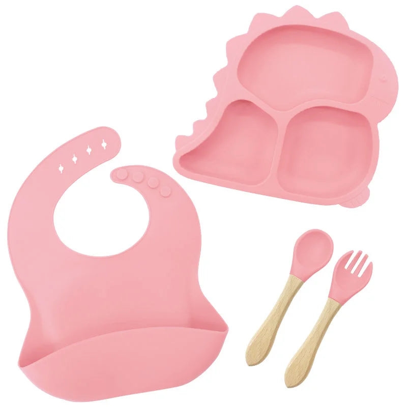 4 piece Pink Dino Silicone Baby Feeding Set | Best Baby Utensils