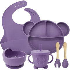 6-Piece Set Burgundy Mickey Mouse Silicone Bibs and Baby Feeding Set