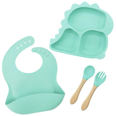 4 piece cyan Dino Silicone Baby Feeding Set | Best Baby Utensils