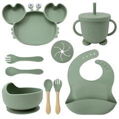 9-Piece Matcha Green Crab-Shaped Baby Feeding set