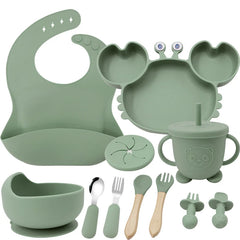 Matcha Green 11-Piece Crab Silicone Bibs and Baby Feeding Set