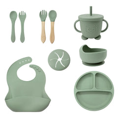 Matcha Green 9 Pcs Silicone Bibs and Baby Feeding Set