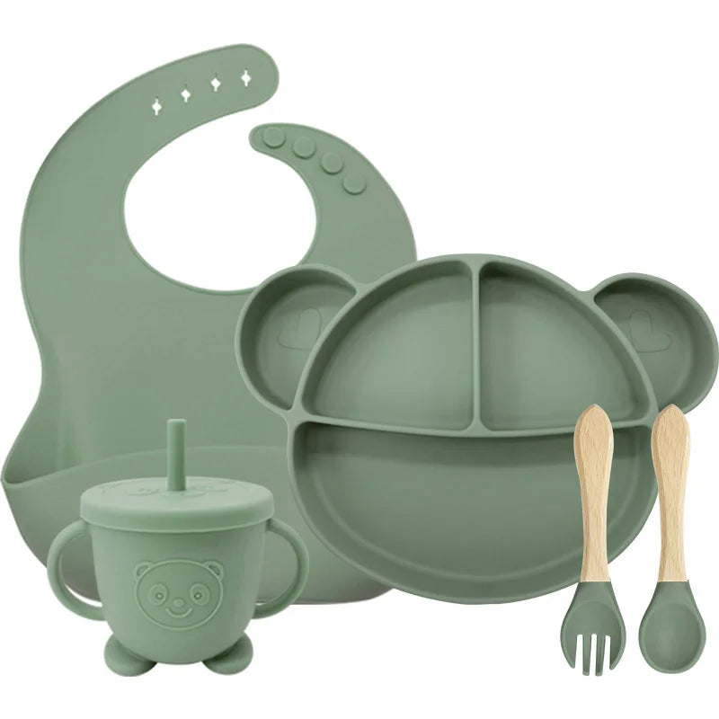 5-Piece Set Matcha Green Mickey Mouse Silicone Bibs and Baby Feeding Set