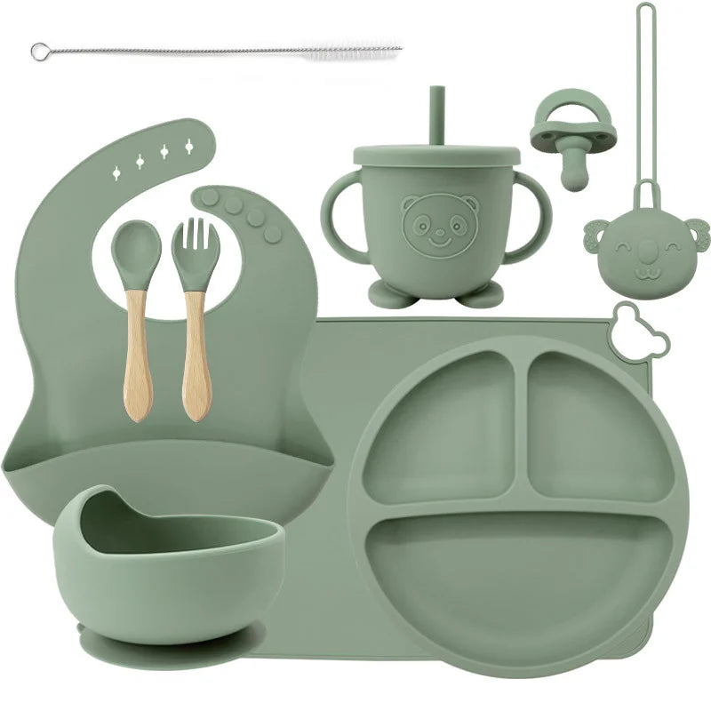 10-piece set with a pacifier and pacifier holder: Matcha Green 10-Piece Silicone Bib and Baby Feeding Set | Baby Utensils