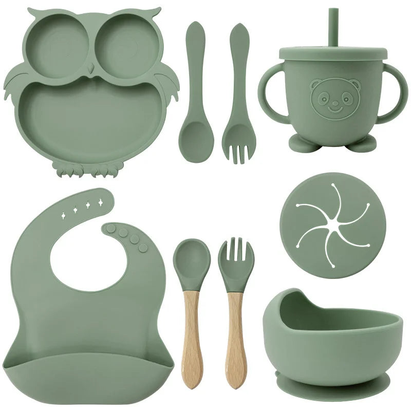 Matcha Green 9-piece silicone bibs and self-feeding set