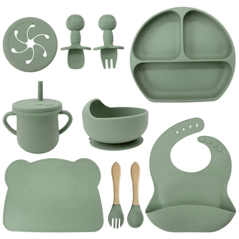 Matcha Green 10-Piece Silicone Bibs and Bowl Set | Baby Utensils