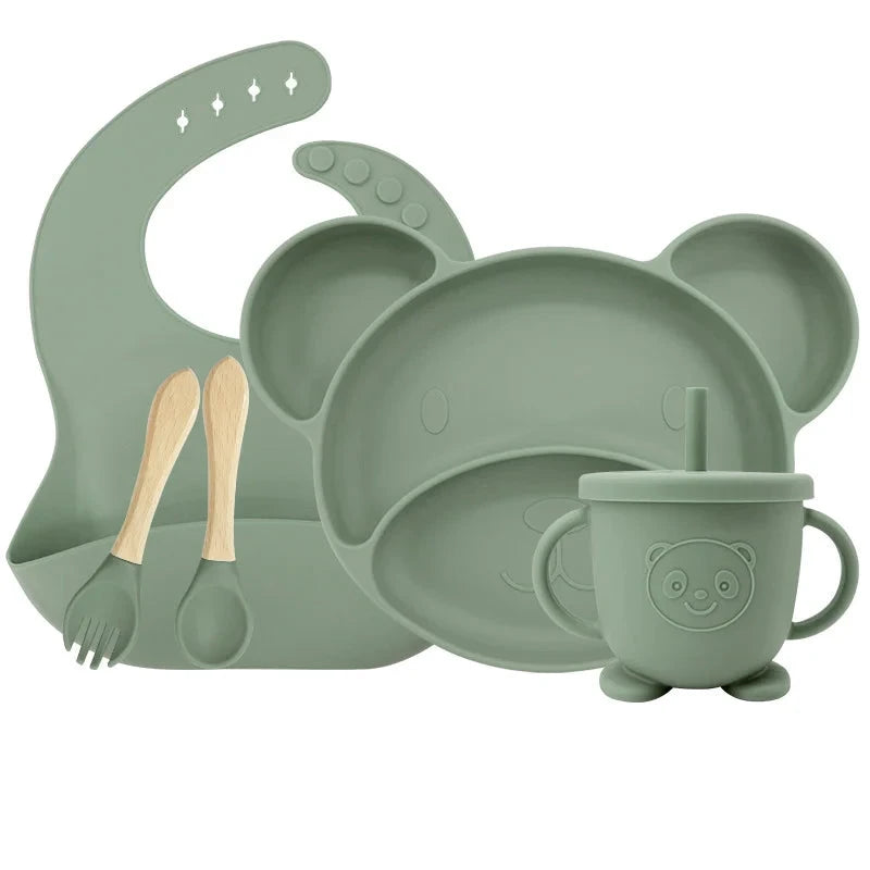 Matcha Green Set with sip cup 5-piece Silicone Bibs and Baby Feeding Set | Baby Utensils