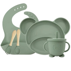 Matcha Green Set with sip cup 5-piece Silicone Bibs and Baby Feeding Set | Baby Utensils