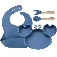 4-Piece Set With Wooden Spoon and Fork Dark Blue Crab Shaped Silicone Bib and Baby Feeding Set