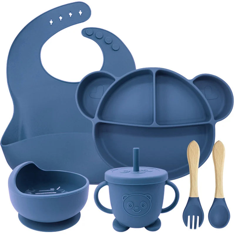 6-Piece Set Dark Blue Mickey Mouse Silicone Bibs and Baby Feeding Set