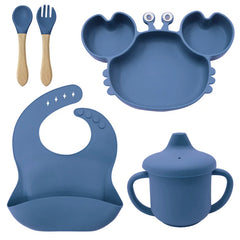 5-Piece Set With Wooden Spoon and Fork Dark Blue Crab Shaped Silicone Bib and Baby Feeding Set