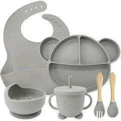 6-Piece Set Silver Mickey Mouse Silicone Bibs and Baby Feeding Set