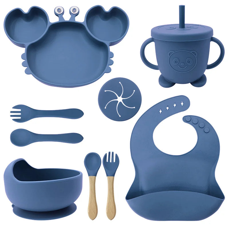 9-Piece Dark Blue Crab-Shaped Baby Feeding set