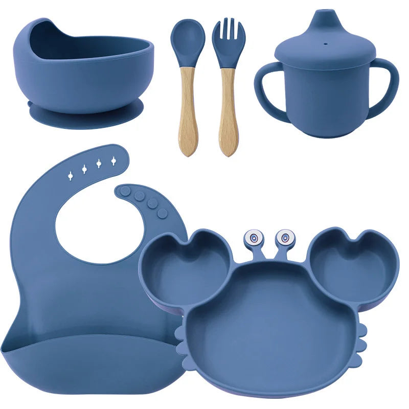 6-Piece Set With Wooden Spoon and Fork Dark Blue Crab Shaped Silicone Bib and Baby Feeding Set