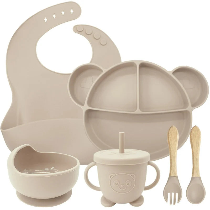 6-Piece Set Beige Mickey Mouse Silicone Bibs and Baby Feeding Set