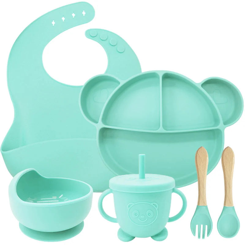 6-Piece Set cyan Mickey Mouse Silicone Bibs and Baby Feeding Set