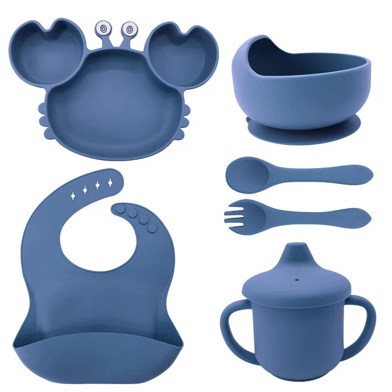 6-Piece Set With Silicone Spoon and Fork Dark Blue Crab Shaped Silicone Bib and Baby Feeding Set