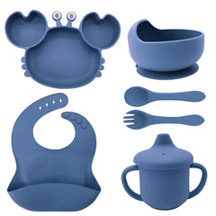 6-Piece Set With Silicone Spoon and Fork Dark Blue Crab Shaped Silicone Bib and Baby Feeding Set