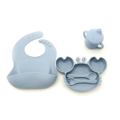 5-Piece Set With Silicone Spoon and Fork Light Blue Crab Shaped Silicone Bib and Baby Feeding Set