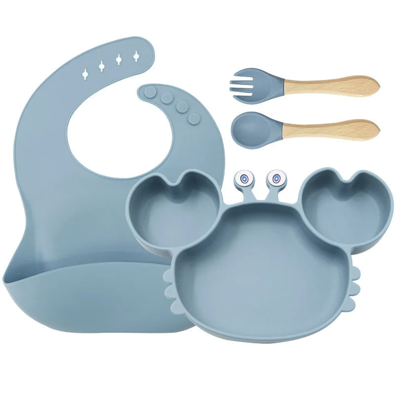 4-Piece Set With Wooden Spoon and Fork Light Blue Crab Shaped Silicone Bib and Baby Feeding Set