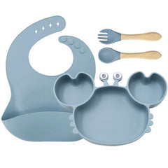 4-Piece Set With Wooden Spoon and Fork Light Blue Crab Shaped Silicone Bib and Baby Feeding Set