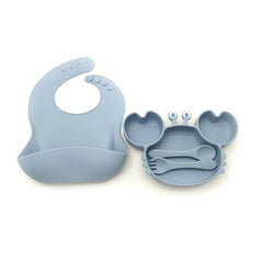 4-Piece Set With Silicone Spoon and Fork Light Blue Crab Shaped Silicone Bib and Baby Feeding Set