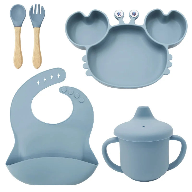 5-Piece Set With Wooden Spoon and Fork Light Blue Crab Shaped Silicone Bib and Baby Feeding Set
