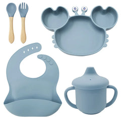 5-Piece Set With Wooden Spoon and Fork Light Blue Crab Shaped Silicone Bib and Baby Feeding Set