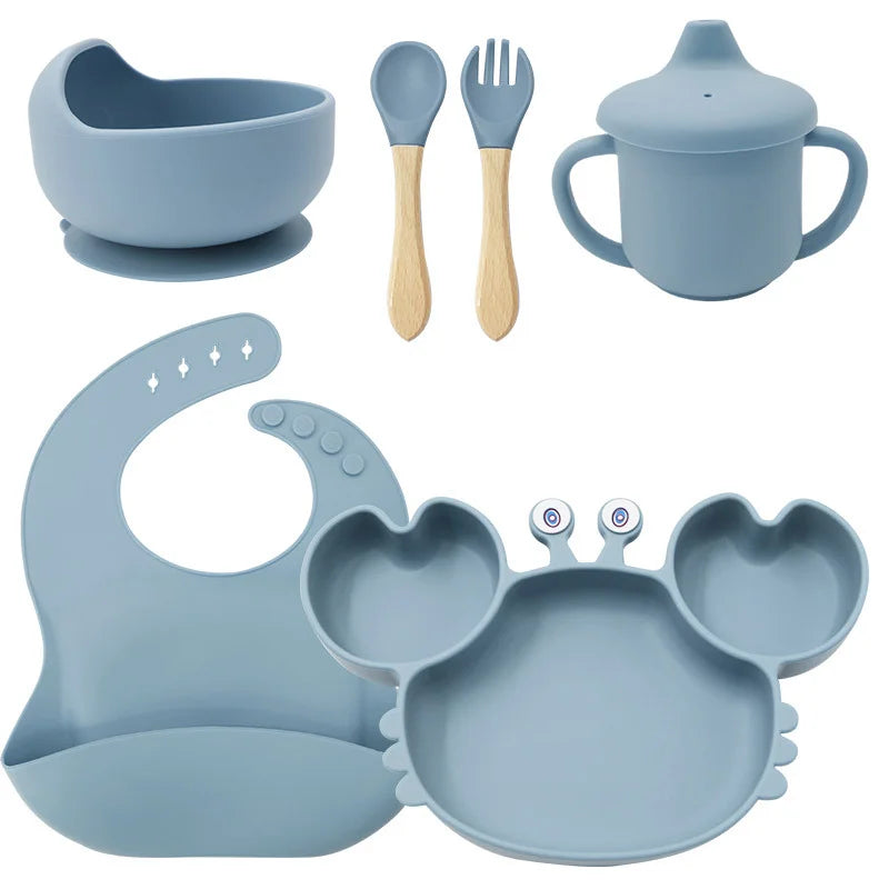 6-Piece Set With Wooden Spoon and Fork Light Blue Crab Shaped Silicone Bib and Baby Feeding Set
