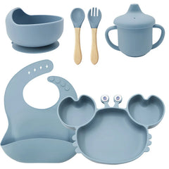 6-Piece Set With Wooden Spoon and Fork Light Blue Crab Shaped Silicone Bib and Baby Feeding Set