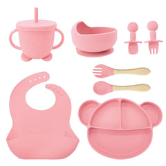 8-Piece Set Light pink Mickey Mouse Silicone Bibs and Baby Feeding Set