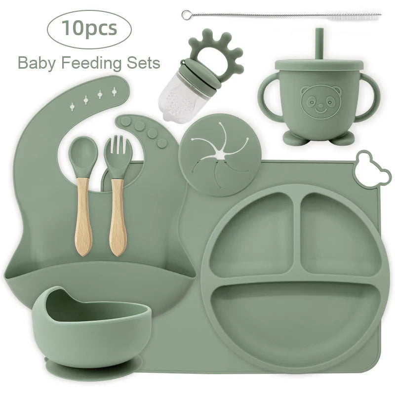 10-piece set with cup cover and fruit pacifier: Matcha Green 10-Piece Silicone Bib and Baby Feeding Set | Baby Utensils