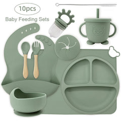 10-piece set with cup cover and fruit pacifier: Matcha Green 10-Piece Silicone Bib and Baby Feeding Set | Baby Utensils