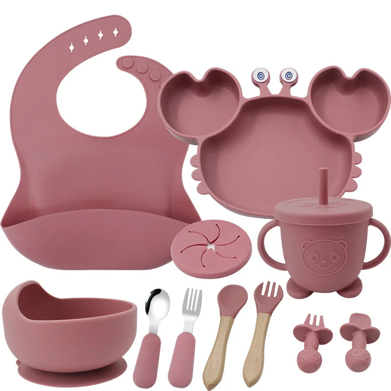 Dark pink 11-Piece Crab Silicone Bibs and Baby Feeding Set