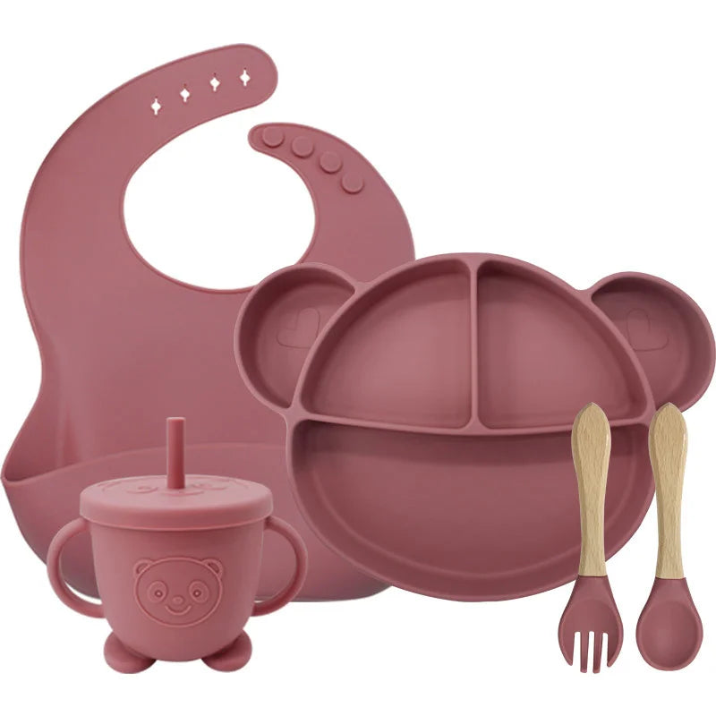 5-Piece Set Dark pink Mickey Mouse Silicone Bibs and Baby Feeding Set