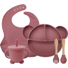 5-Piece Set Dark pink Mickey Mouse Silicone Bibs and Baby Feeding Set