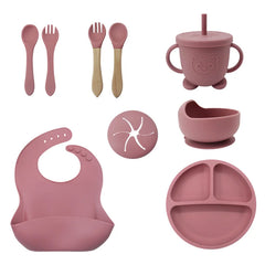 Dark pink 9 Pcs Silicone Bibs and Baby Feeding Set