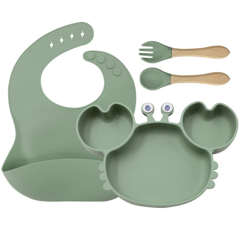 4-Piece Set With Wooden Spoon and Fork Matcha Green Crab Shaped Silicone Bib and Baby Feeding Set