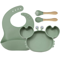 4-Piece Set With Wooden Spoon and Fork Matcha Green Crab Shaped Silicone Bib and Baby Feeding Set