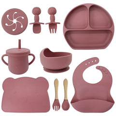 Dark pink 10-Piece Silicone Bibs and Bowl Set | Baby Utensils