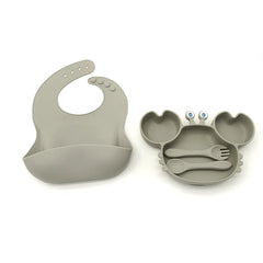 4-Piece Set With Silicone Spoon and Fork Silver Crab Shaped Silicone Bib and Baby Feeding Set