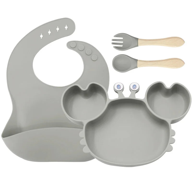 4-Piece Set With Wooden Spoon and Fork Silver Crab Shaped Silicone Bib and Baby Feeding Set