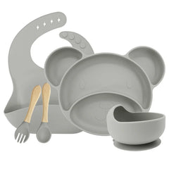 Silver Set with silicone bowl 5-piece Silicone Bibs and Baby Feeding Set | Baby Utensils