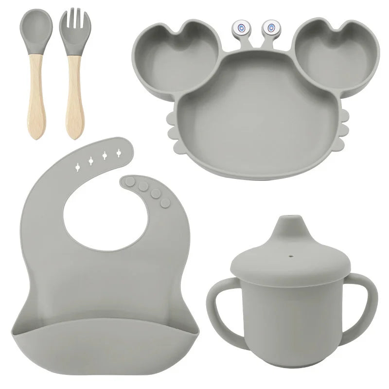 5-Piece Set With Wooden Spoon and Fork Silver Crab Shaped Silicone Bib and Baby Feeding Set