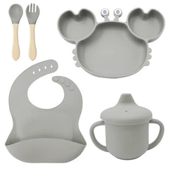 5-Piece Set With Wooden Spoon and Fork Silver Crab Shaped Silicone Bib and Baby Feeding Set