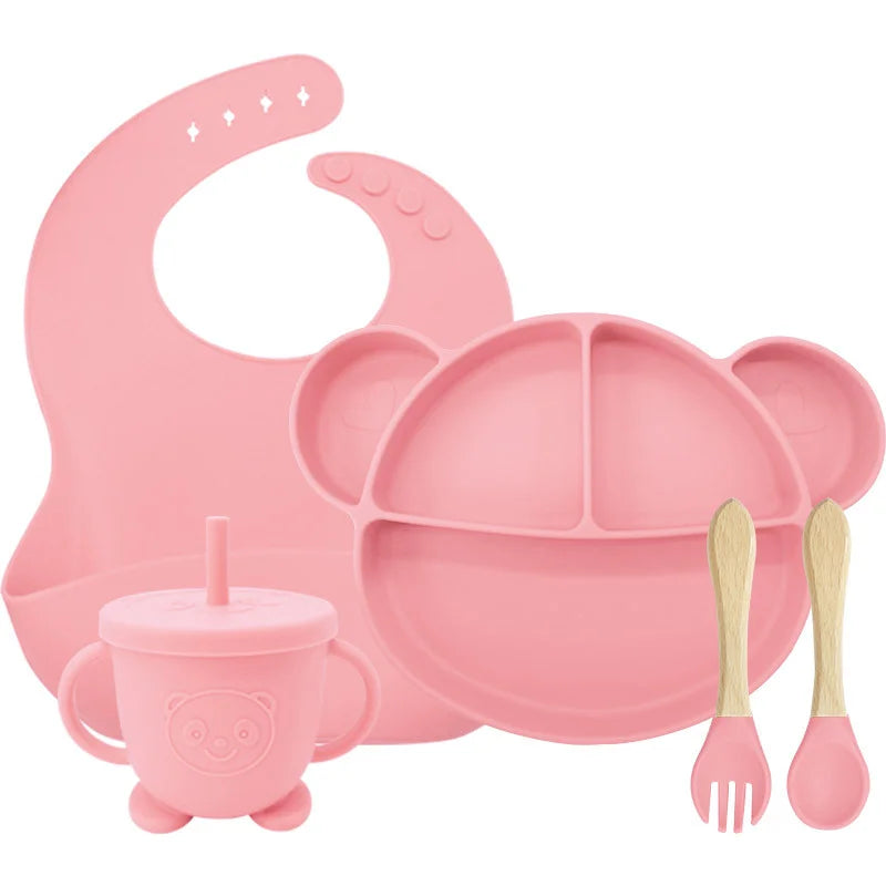 5-Piece Set Light pink Mickey Mouse Silicone Bibs and Baby Feeding Set