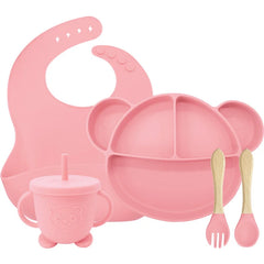 5-Piece Set Light pink Mickey Mouse Silicone Bibs and Baby Feeding Set