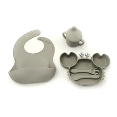 5-Piece Set With Silicone Spoon and Fork Silver Crab Shaped Silicone Bib and Baby Feeding Set